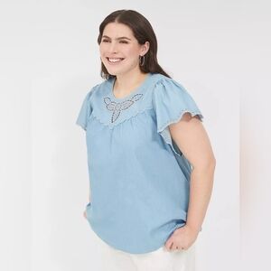 Lane Bryant Swing Eyelet-Trim Popover Blouse in Light Chambray NWT